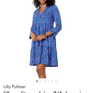 Lilly Pulitzer Blue Floral V-Neck 3/4 Sleeve Tiered Dress